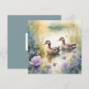 Cartão De Festividades Pato Cute Watercolor e Flores Silvestres em Branco
