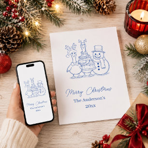 Cartão De Festividades Pato de Natal Família Desenho azul moderno