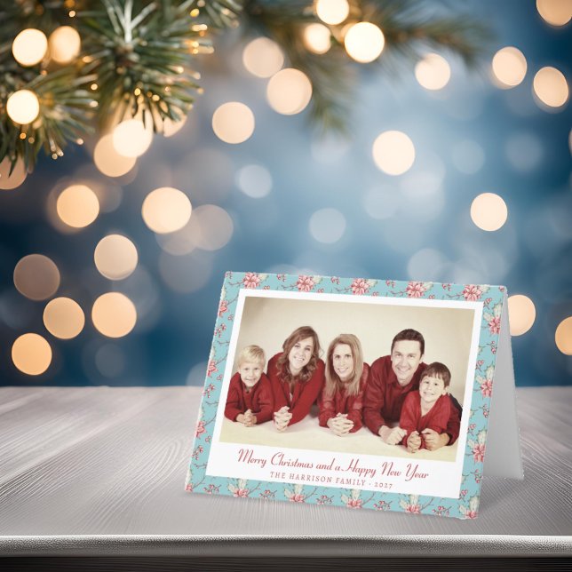 Cartão De Festividades Pato Elegante - Foto de Natal Holly Blue - Ovo (elegant duck egg holly personalised Christmas photo card )