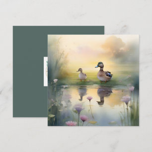 Cartão De Festividades Pato Reflexo Aquarela Fofa Em Branco