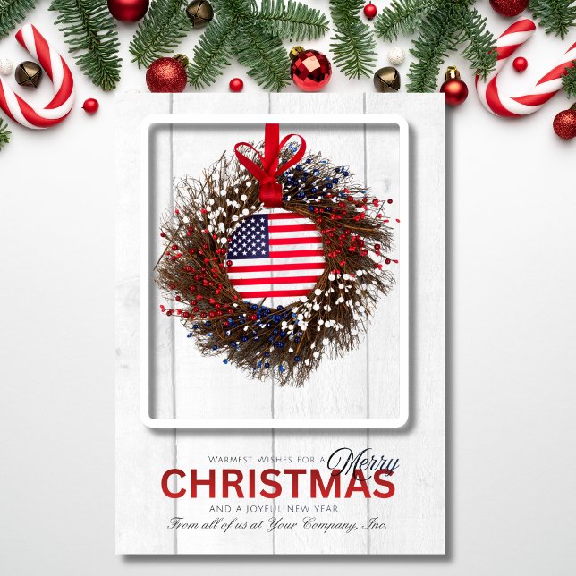Cartão De Festividades Patriotic Wreath Merry Christmas Wishes (A festive patriotic wreath design sharing warm Christmas wishes from your company.)