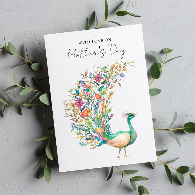 Cartão De Festividades Pavão Aquarela Com Amor no Dia das Mães (Criador carregado)