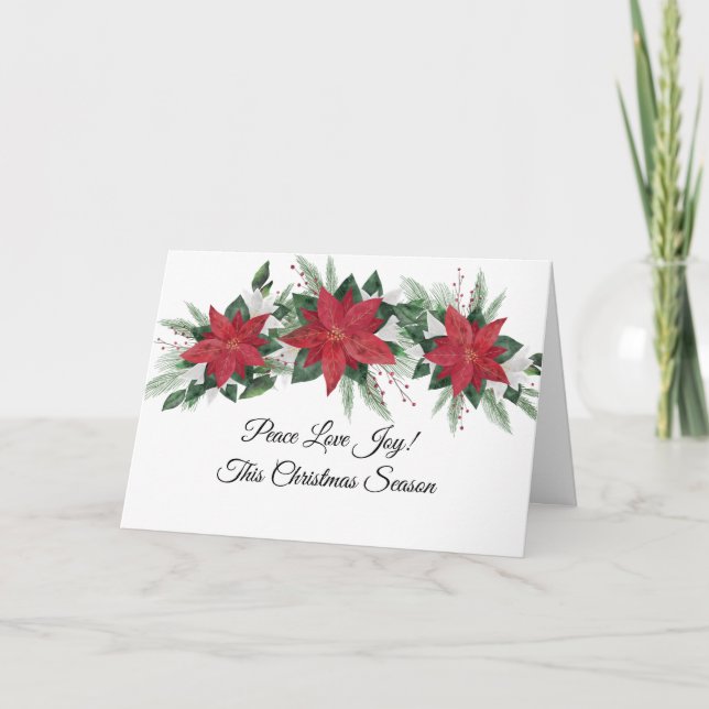 Cartão De Festividades Paz Amor Alegria Poinsettia Vermelha Natal Verde (Frente)