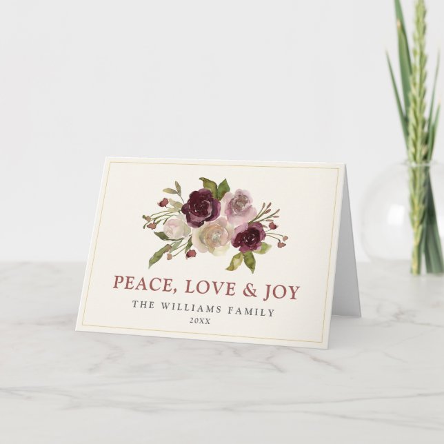 Cartão De Festividades Paz, amor e alegria, Buquê de inverno dobrado (Frente)