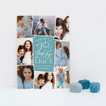 Cartão De Festividades Paz, Amor e Luz | Colagem de Fotos de Hanukkah<br><div class="desc">Belo cartão com fotos de tipografia baseado em Chanucá apresenta oito de suas fotos de família favoritas em um layout de colagem. "Desejando-lhe paz, amor e luz a este Chanucá e sempre" aparece no centro em tipografia branca, com letras brancas, sobre um fundo teal empoeirado, pontilhado de estrelas. Personalize com...</div>