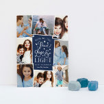 Cartão De Festividades Paz, Amor e Luz | Colagem de Fotos de Hanukkah<br><div class="desc">Belo cartão com fotos de tipografia baseado em Chanucá apresenta oito de suas fotos de família favoritas em um layout de colagem. "Desejando-lhe paz, amor e luz a este Chanucá e sempre" aparece no centro em tipografia branca, escrita à mão sobre um fundo azul marinho, pontilhado de estrelas. Personalize com...</div>