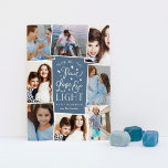 Cartão De Festividades Paz, Amor e Luz | Colagem de Fotos de Hanukkah<br><div class="desc">Belo cartão com fotos de tipografia baseado em Chanucá apresenta oito de suas fotos de família favoritas em um layout de colagem. "Desejando-lhe paz, amor e luz a este Chanucá e sempre" aparece no centro em tipografia branca, escrita à mão sobre um fundo azul marinho, pontilhado de estrelas. Personalize com...</div>