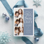 Cartão De Festividades Paz, Amor e Luz | Foto de Hanukkah<br><div class="desc">Um cartão com fotos de Hanukkah, com uma bela tipografia, apresenta três das suas fotos favoritas em formato quadrado no lado esquerdo. "Desejando-lhe paz, amor e luz a este Chanucá e sempre" aparece à direita em tipografia branca, com letras brancas, sobre um fundo azul enfumaçado pontilhado com estrelas. Personalize com...</div>