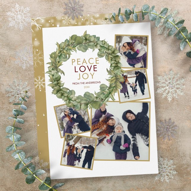 Cartão De Festividades Paz Amor Joy 5 Foto Greenery Wreath Natal (Peace Love Joy 5 Photo Greenery Wreath Christmas Holiday Card)