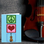 Cartão De Festividades Paz Amor Violino Azul, Fofo Violinista<br><div class="desc">O presente Violino do Amor pela Paz para um violinista este Natal. Bonito sinal de paz,  coração e um design de instrumentos.</div>
