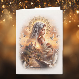 Cartão De Festividades Paz Celestial no Natal Madona e Jesus