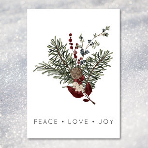 Cartão De Festividades Paz de Natal Amor Rústico Mínimo Holly Pine