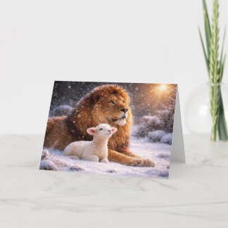 Cartão De Festividades Paz de Natal com Leão e Cordeiro Neve Luz Santa