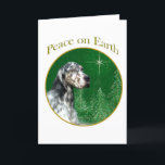 Cartão De Festividades Paz do setter inglês<br><div class="desc">Paz na terra. Mostre sua razão para a estação com seu setter inglês neste design original do cão acentuado com verde e ouro. Vai o excelente em um ornamento,  em um cartão ou em uma etiqueta.</div>