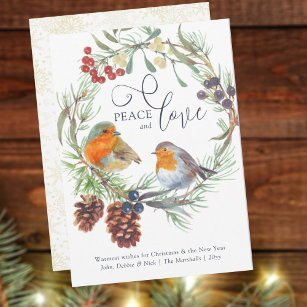 Cartão De Festividades Paz e Amor Natal Robin Mistletoe Pine Wreath