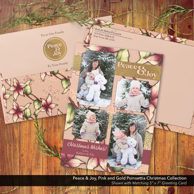 Cartão De Festividades Paz e Joy, Rosa, Borgonha, Foto de Poinsettia Dour (Peace and Joy, Pink and Gold Poinsettia Holiday Card Shown with Matching Envelope.)