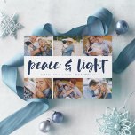 Cartão De Festividades Paz e Luz | Colagem de Fotos de Hanukkah<br><div class="desc">Compartilhe seis fotos favoritas com o nosso cartão festivo e brilhante de Natal do Chanucá. "Paz e Luz" aparece no centro em tipografia de pincel,  escrita à mão,  com seu cartões de natal,  nomes e o ano abaixo.</div>