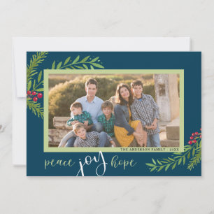 Cartão De Festividades Paz Joy Hope Watercolor Azul Duas Fotografias Nata