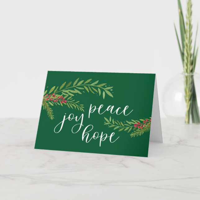 Cartão De Festividades Paz Joy Hope Watercolor Greenery Natal (Frente)