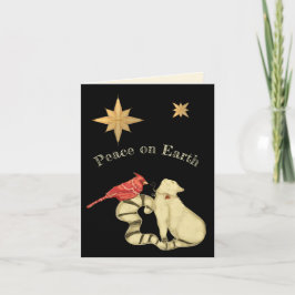 Cartão De Festividades Paz na Terra de Gato e Pássaro de Natal