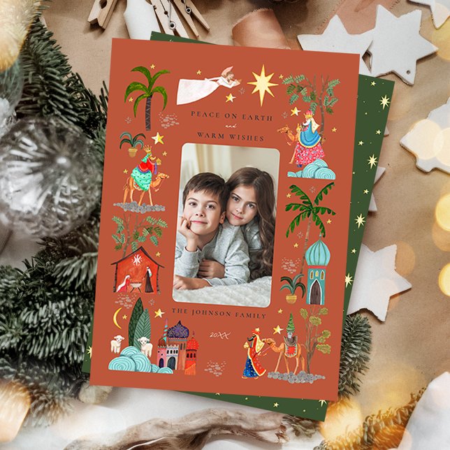 Cartão De Festividades Paz na Terra Três Homens Sábios Terrenos no Natal (Peace on Earth Three Wise men Earthy Christmas Holiday Card)