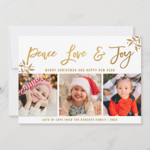 Cartão De Festividades PEACE AMVE JOY natal dourado