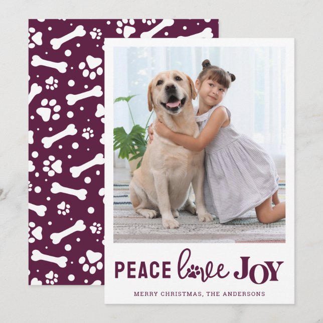 Cartão De Festividades PEACE AMVE JOY Personalizado Pet Foto de Cachorro  (Frente/Verso)
