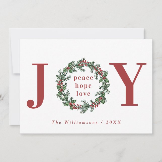 Cartão De Festividades Peace Hope Love Joy Typographics Wreath Photo (Frente)