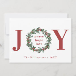 Cartão De Festividades Peace Hope Love Joy Typographics Wreath Photo