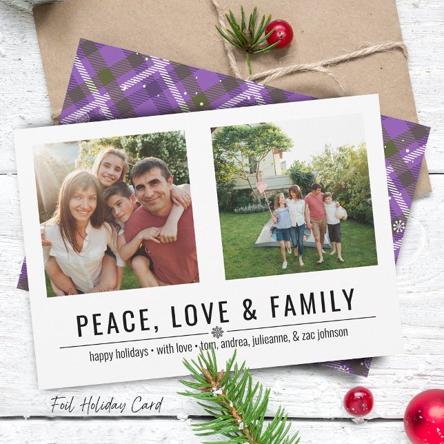 Cartão De Festividades Peace Love and Family 2 Photos (Peace Love and Family 2 Photos Holiday Card)