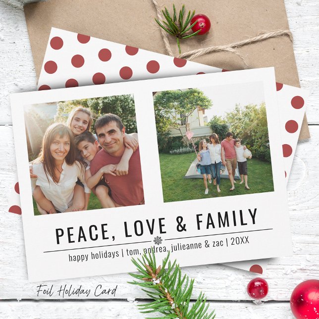 Cartão De Festividades Peace Love and Family 2 Photos (Peace Love and Family 2 Photos Holiday Card)