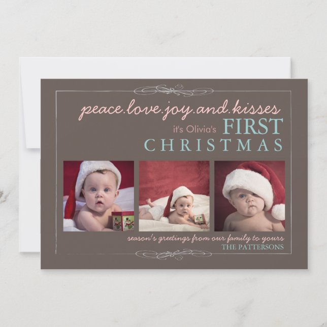 Cartão De Festividades Peace Love Joy Baby's First Christmas Photo Card (Frente)