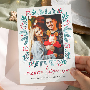 Cartão De Festividades Peace Love Joy Christmas Holly Berries Foto