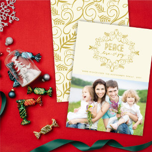 Cartão De Festividades Peace Love Joy Dourada Vintage Deco Foliage Foto