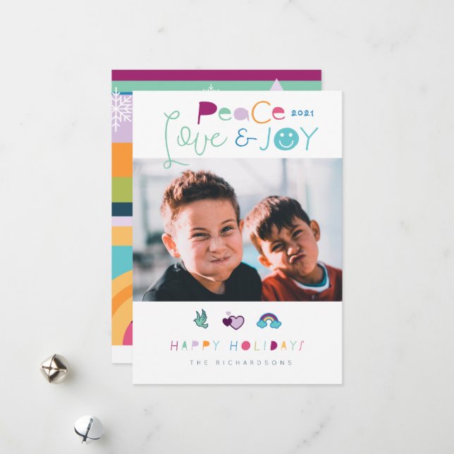 Cartão De Festividades Peace Love & Joy Fun Bright Christmas Emoji Photo (Frente/Verso In Situ)