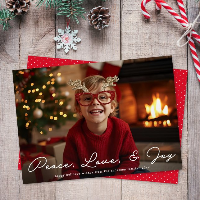 Cartão De Festividades Peace Love & Joy Minimalist Script Photo Christmas (Criador carregado)