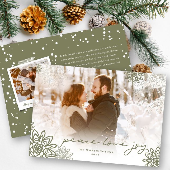Cartão De Festividades Peace Love Joy Snowflakes Foto de Natal Elegante (Criador carregado)