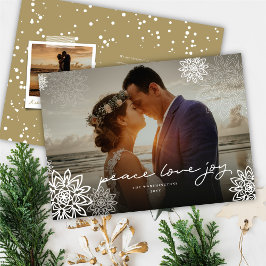 Cartão De Festividades Peace Love Joy Snowflakes Foto de Natal Elegante