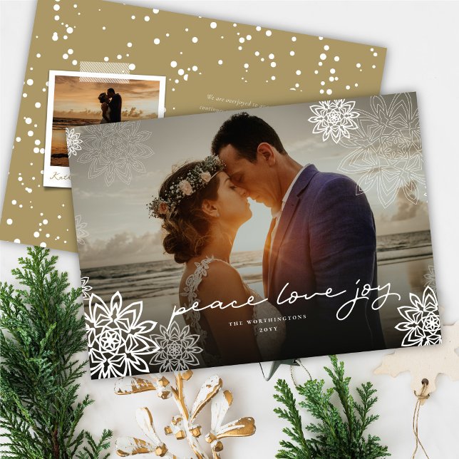 Cartão De Festividades Peace Love Joy Snowflakes Foto de Natal Elegante (Criador carregado)