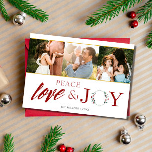 Cartão De Festividades Peace Love Joy Three Photo Family Christmas