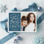 Cartão De Festividades Peace, Love & Light | Hanukkah Photo<br><div class="desc">Modern typography based Hanukkah photo card features your favorite photo with "Peace,  Love and Light" alongside in white hand lettered style typography. Personalize with your family name,  individual names and/or your custom message.</div>