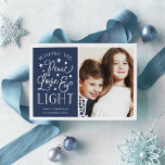 Cartão De Festividades Peace, Love & Light | Hanukkah Photo<br><div class="desc">Modern typography based Hanukkah photo card features your favorite photo with "Peace,  Love and Light" alongside in white hand lettered style typography. Personalize with your family name,  individual names and/or your custom message.</div>