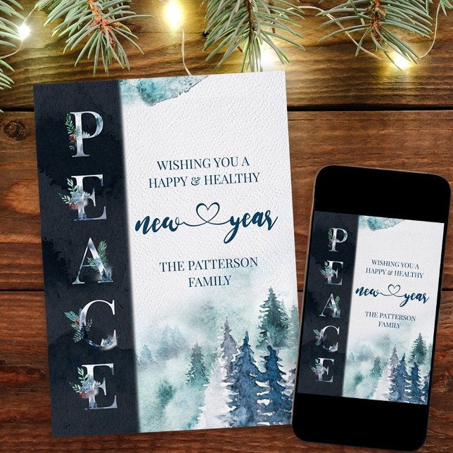 Cartão De Festividades PEACE Winter Forest New Year (Christmas & New Year Card. Buy professionally printed or as a printable digital download.)