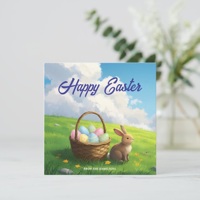 Cartão De Festividades Peaceful Easter Spring Meadow Bunny & Egg Basket (Em pé/Frente)