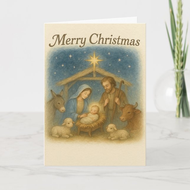 Cartão De Festividades Peaceful Nativity Scene Christmas Holy Family  (Frente)