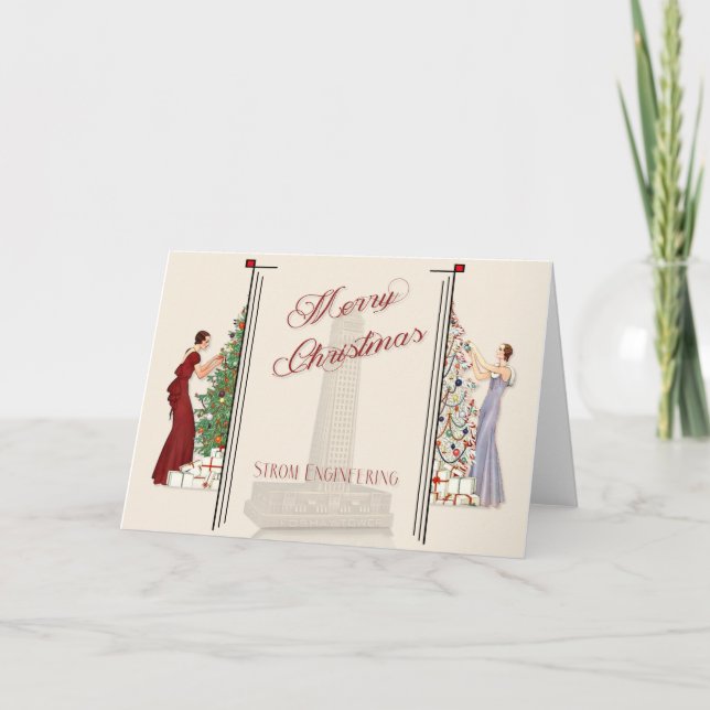 Cartão De Festividades Peacock Art Deco Flair Feliz Natal (Frente)