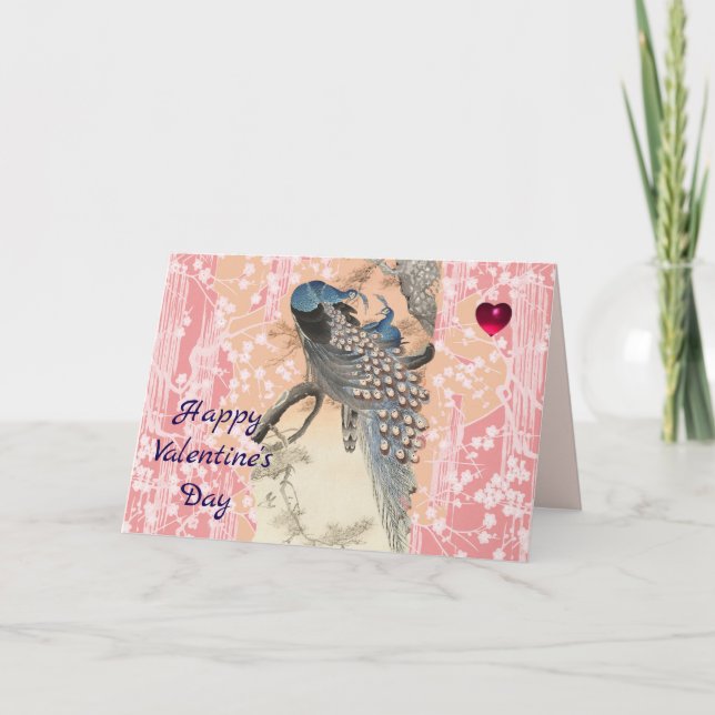 Cartão De Festividades PEACOCKS,PINK SAKURA FLOWERS Floral Valentine Day (Frente)