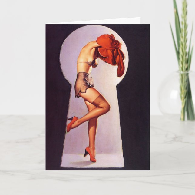 Cartão De Festividades Peek in on Pin-Up Girl Greeting Card (Frente)