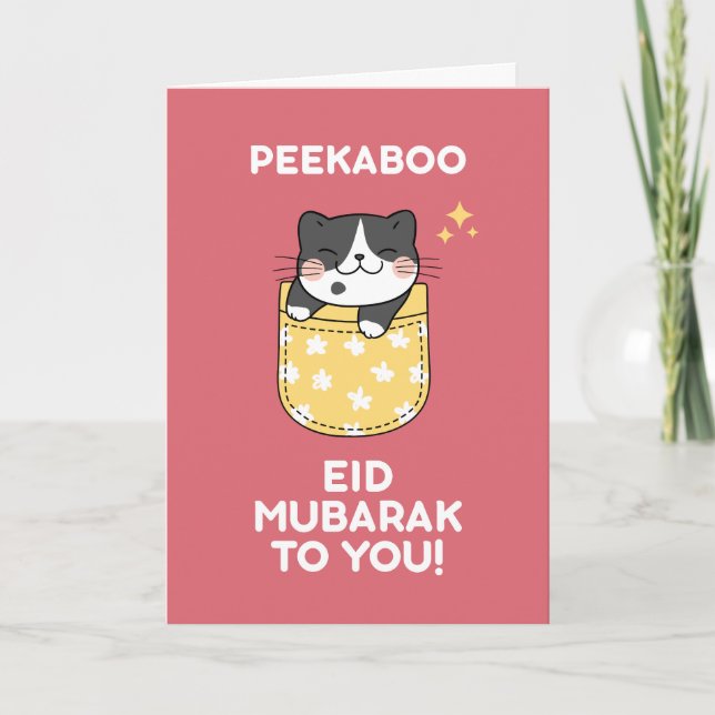Cartão De Festividades Peekaboo Cute Cat Kawaii Eid Mubarak Card (Frente)
