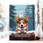 Cartão De Festividades Peeking Corgi Winter Wonderland Feliz Natal<br><div class="desc">Este adorável cartão de cartões de natal apresenta uma ilustração fofa do Cão de Corgi vestindo uma coroa festiva de flores de inverno, sagrada, pinheiro e bagas, com flocos de neve suavemente caindo contra uma Floresta Neve da Terra Maravilha de inverno. O Corgi está a espreitar por cima do registro...</div>
